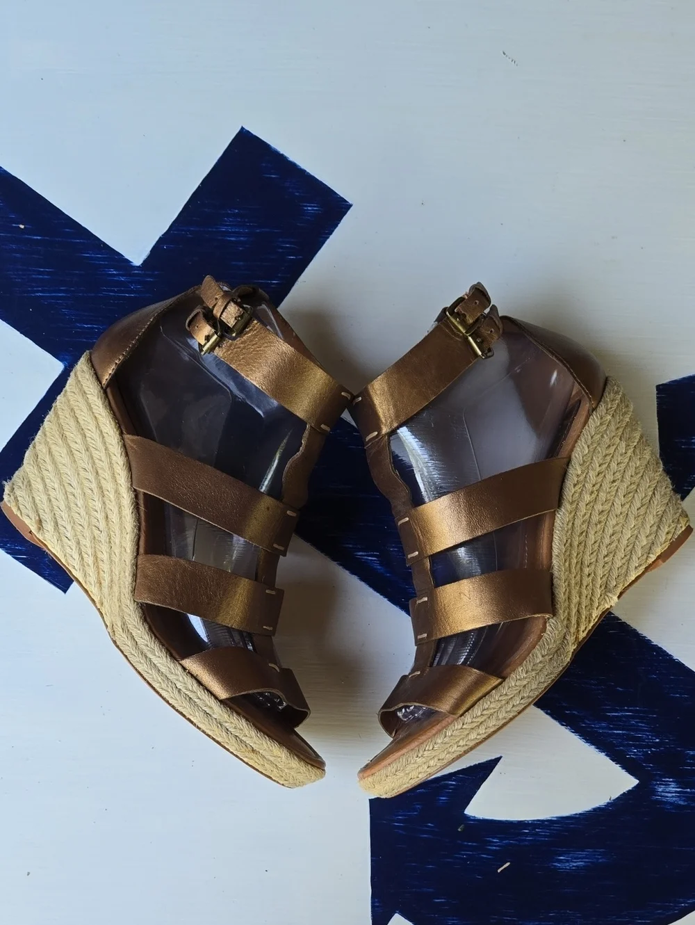 Fossil Bronze Leather Gladiator Strappy Espadrille Wedge Size 8.5